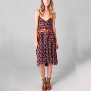 FREE PEOPLE XS SPAGHETTI STRAP HIGH-LOW BLACK RED FLORAL WRAP CHIFFON DRESS